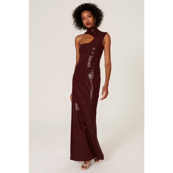 SOLACE LONDON Red Burgundy Sequin One Shoulder Mock Neck Yara Gown size US 4 - Picture 1 of 16